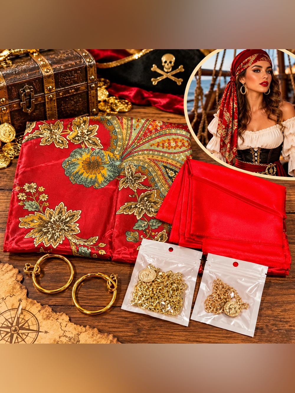 Red Floral Satin Scarf Set with Solid Bandana - Women Accessories
